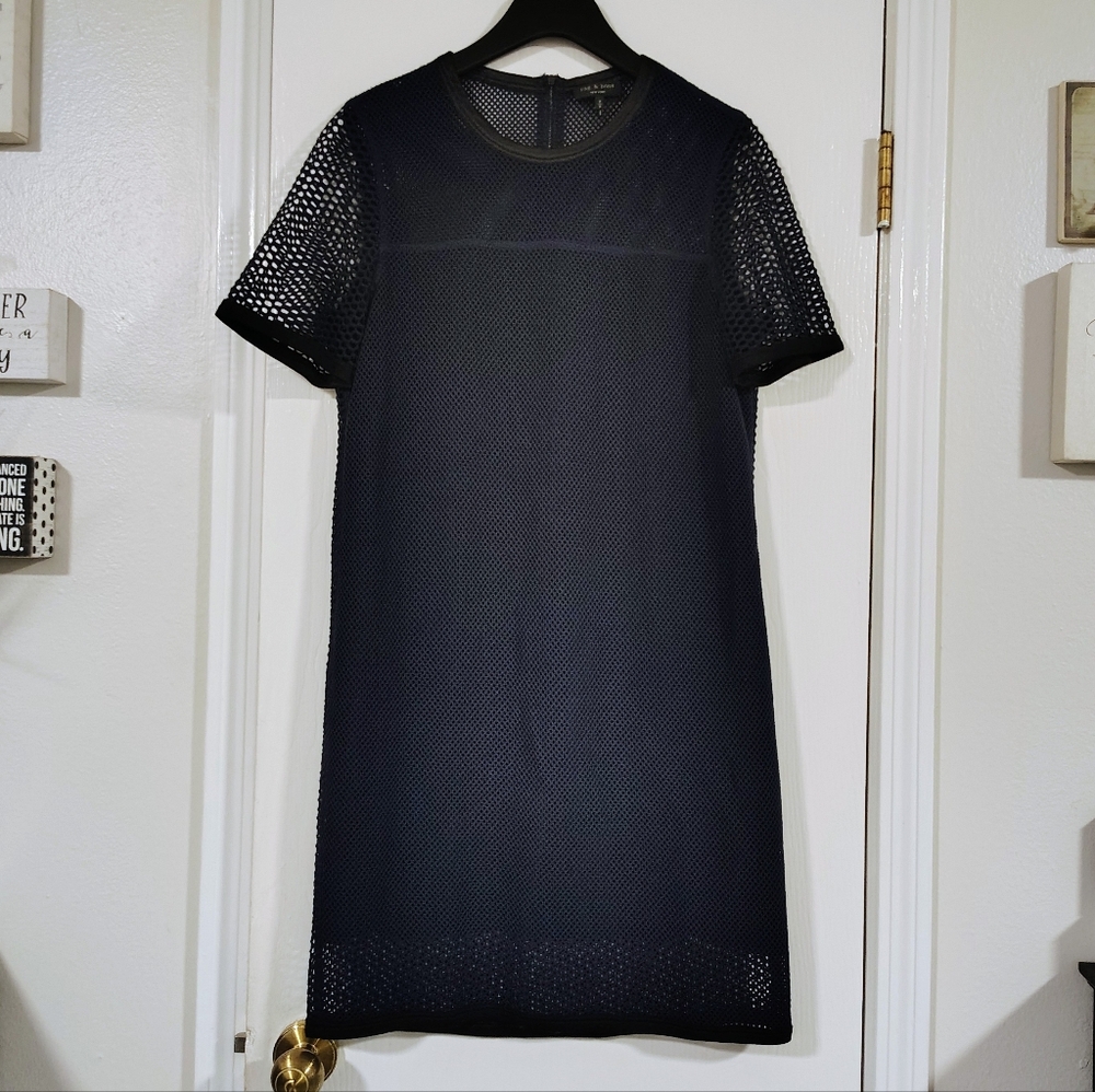 Rag and Bone MSRP $495 Luna Navy Blue Mesh Fishnet Dress Women's Medium Silk - Picture 4 of 12
